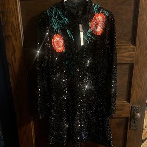 Gianni Bini Black Sequin Dress with Floral Accents, Size 10, NWT